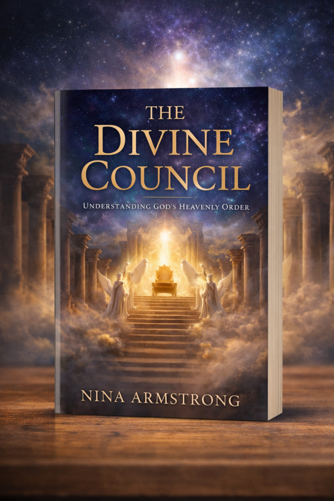 “The Divine Council book cover by Nina Armstrong featuring a glowing heavenly throne surrounded by angels and golden light.”