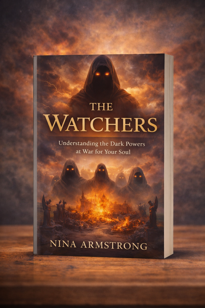 The Watchers book cover by Nina Armstrong featuring dark spiritual imagery, ancient figures, and a dramatic scene representing hidden forces and spiritual warfare.
