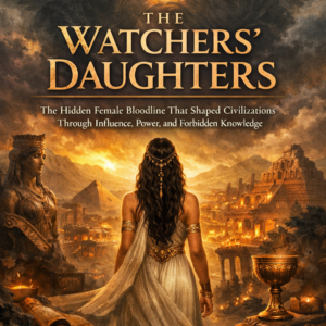 Book cover of “The Watchers’ Daughters” featuring a mystical woman, fallen angels in the sky, and an ancient glowing city representing hidden influence and forbidden knowledge