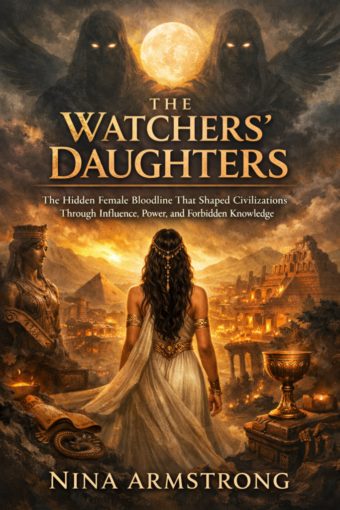 Book cover of “The Watchers’ Daughters” featuring a mystical woman, fallen angels in the sky, and an ancient glowing city representing hidden influence and forbidden knowledge