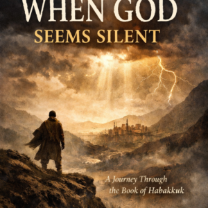 Book cover of When God Seems Silent by Nina Armstrong featuring a lone figure standing on a cliff under dark storm clouds with golden light breaking through, symbolizing faith and hope in uncertain times.