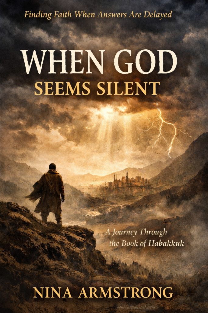 Book cover of When God Seems Silent by Nina Armstrong featuring a lone figure standing on a cliff under dark storm clouds with golden light breaking through, symbolizing faith and hope in uncertain times.